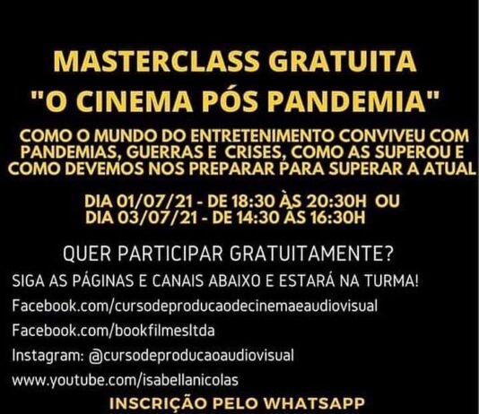 Dia 1 de julho-01 de julho, última oportunidade de participar da MASTERCLASS GRATUITA mais procurada da Book Filmes.
