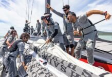 A equipe de terra : Uma equipa de 50 pessoas que cuida do AC75 “Luna Rossa”.