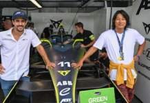 Atores norte-americanos Brie Larson, Sung Kang e Emelia Hartford no E-Prix de Portland